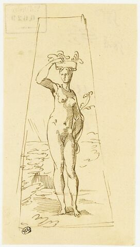 Une femme nue debout, portant une corbeille de fruits sur la tête