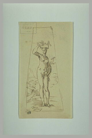 Une femme nue debout, portant une corbeille de fruits sur la tête, image 2/2