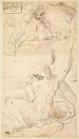 Composition avec quatre figures, dont une allongée ;  figure de dos, assise sur une draperie, tournée vers la droite, les bras tendus vers le haut
