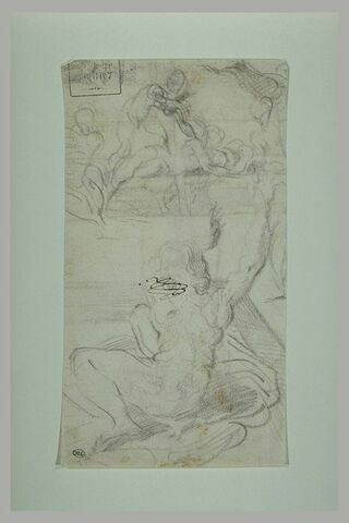 Composition avec quatre figures, dont une allongée ;  figure de dos, assise sur une draperie, tournée vers la droite, les bras tendus vers le haut, image 2/2