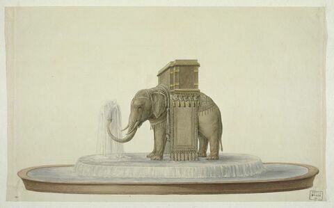 Etude de la fontaine de l'éléphant, celui-ci porte sur son dos un coffre