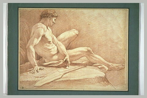 Homme nu, assis près d'une rame, de profil vers la droite, image 2/2