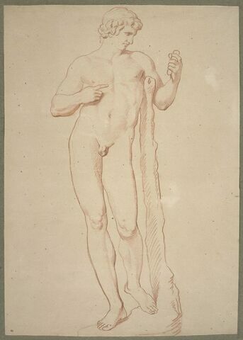 Jeune homme nu, appuyé sur un tronc d'arbre tenant un miroir : Narcisse