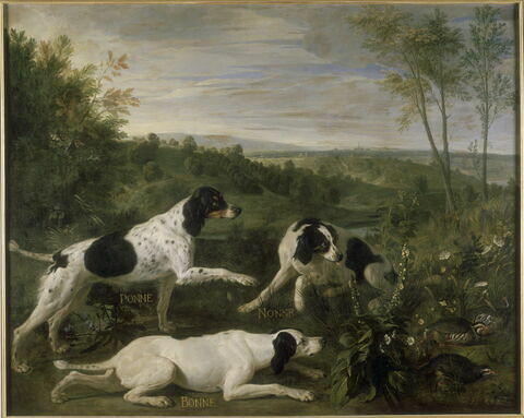 Bonne, Nonne et Ponne, chiennes de la meute de Louis XIV, chassant