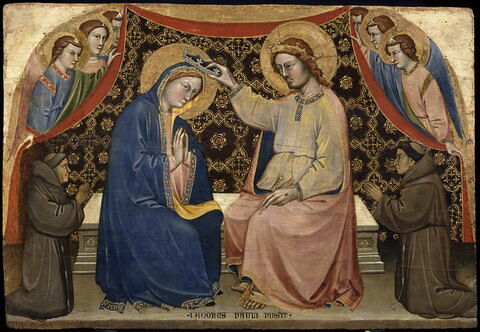 Le Couronnement de la Vierge avec six anges et deux franciscains donateurs (?).