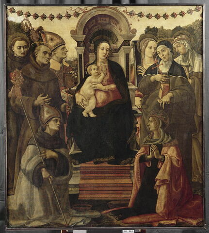 La Vierge et l'Enfant avec huit saints :
Louis de Toulouse, Augustin, Antoine de Padoue, François ?, Catherine d'Alexandrie, Barbe, Brigitte de Suède, Elisabeth de Hongrie ?