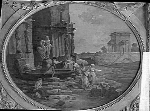 Paysage de ruines avec fontaine et la devise " Tant va la cruche à l'eau..."