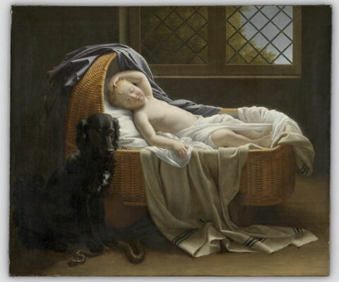 Enfant endormi dans un berceau sous la garde d'un chien courageux qui vient de tuer près de lui une énorme vipère