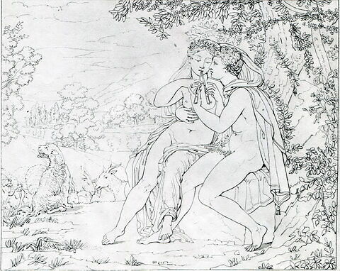 Daphnis montrant à jouer de la flûte à Chloé