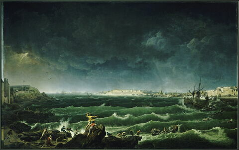 Vue de la ville, de la rade et du port de Saint-Malo, prise de l'anse des Sablons à Saint-Servan, au moment du naufrage d'un vaisseau par une tempête, 1798