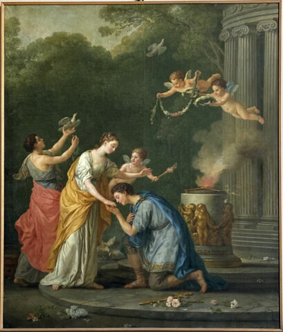 Deux amants vont s'unir à l'autel de l'hymen. La suivante et la jeune femme donnent pour offrande la liberté à deux colombes