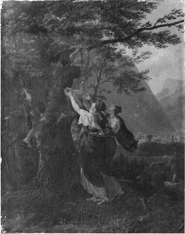 Paysage ; Oedipe détaché par un berger de l'arbre auquel il avait été exposé