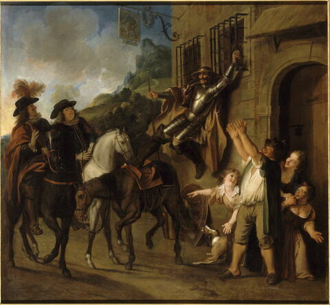 Don Quichotte attaché à une fenêtre par la malice de Maritorne