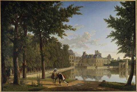 Vue du château de Fontainebleau, prise du grand parc avec Henri IV relevant Sully