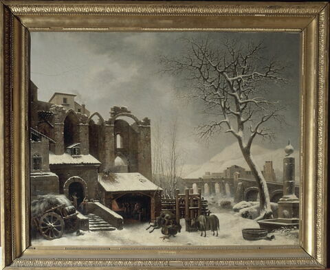 Paysage. Effet de neige, dit aussi Ruines d'une église gothique avec un pont dans le lointain, couverts de neige
