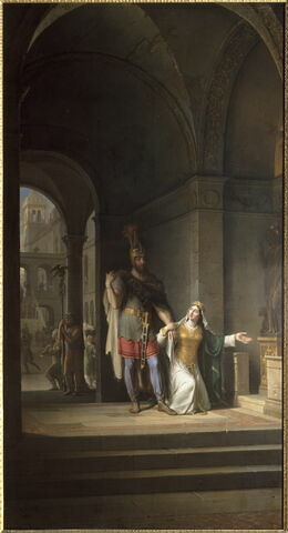 Clotilde suppliant Clovis son époux d'embrasser le christianisme avant son départ pour la bataille de Tolbiac