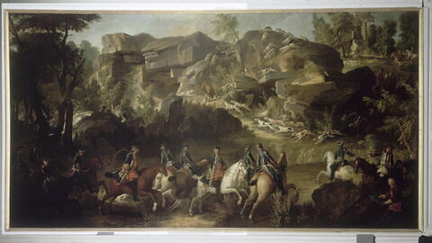 Chasse de Louis XV dans la forêt de Fontainebleau, à Franchard ; Cerf aux abois dans les rochers de Franchard