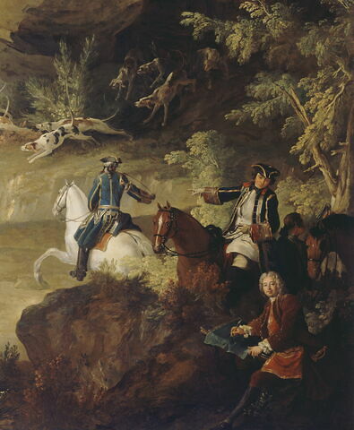 Chasse de Louis XV dans la forêt de Fontainebleau, à Franchard ; Cerf aux abois dans les rochers de Franchard, image 3/6