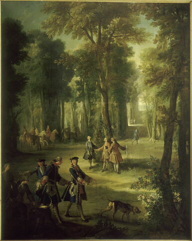 Chasse de Louis XV. Le Roi tenant le limier en laisse au "Puits solitaire", forêt de Compiègne
