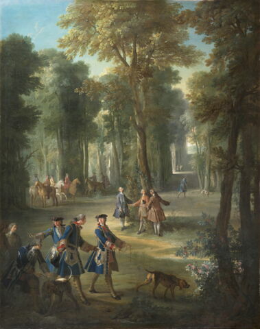 Chasse de Louis XV. Le Roi tenant le limier en laisse au 