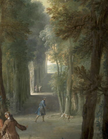 Chasse de Louis XV. Le Roi tenant le limier en laisse au 
