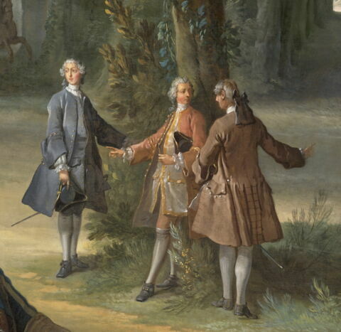 Chasse de Louis XV. Le Roi tenant le limier en laisse au 