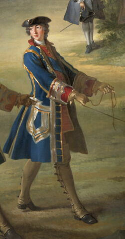 Chasse de Louis XV. Le Roi tenant le limier en laisse au 