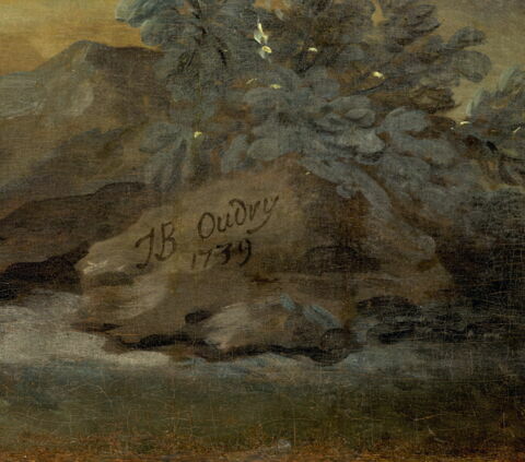 Chasse de Louis XV. Le Roi tenant le limier en laisse au 