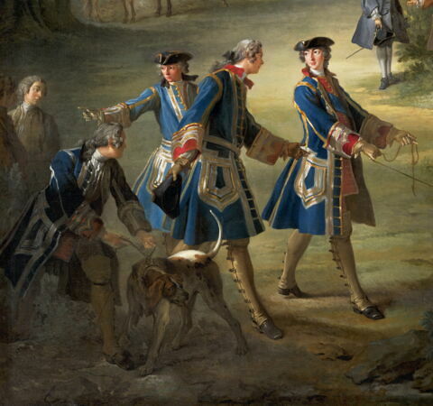 Chasse de Louis XV. Le Roi tenant le limier en laisse au 