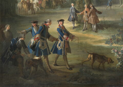 Chasse de Louis XV. Le Roi tenant le limier en laisse au 