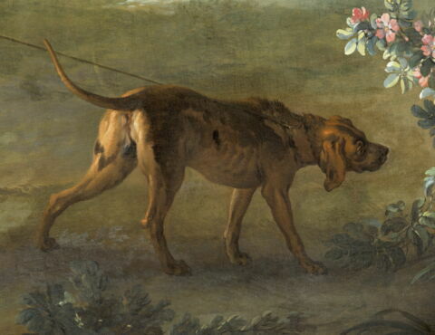 Chasse de Louis XV. Le Roi tenant le limier en laisse au 