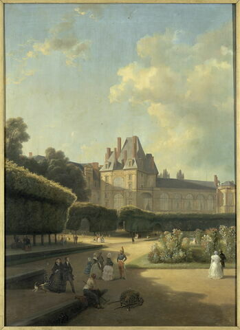 Vue du pavillon de la Porte dorée et de la galerie d'Henri II prise du parterre au château de Fontainebleau, image 1/1