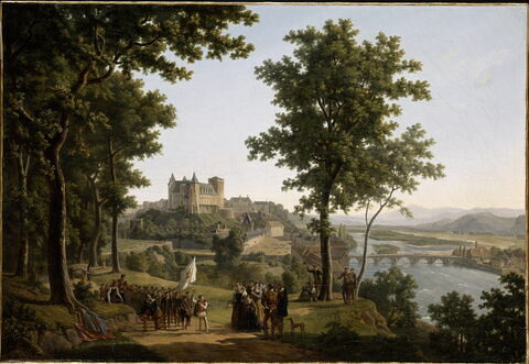 Vue du château de Pau, prise du grand parc, avec Henri IV enfant tenant un drapeau