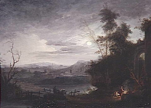Un clair de lune avec groupe de figures se chauffant près d'un feu