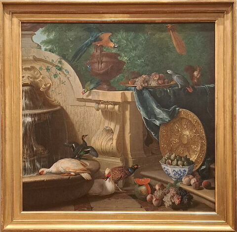 Canard, faisans et fruits près d'une fontaine, image 1/1