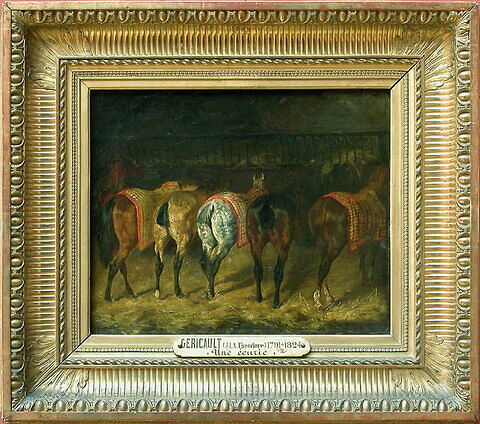 Cinq chevaux vus par la croupe, dans une écurie, image 3/4