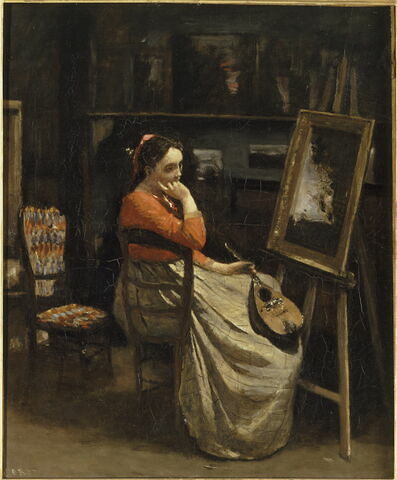 L'atelier de Corot. 
Jeune femme pensive, une mandoline à la main.