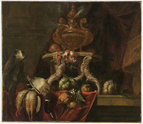 Nature morte avec cassolette, fruits, gibier et singe vervet, image 1/2