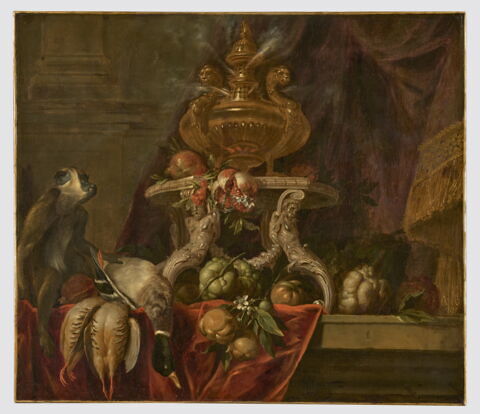 Nature morte avec cassolette, fruits, gibier et singe vervet, image 2/3
