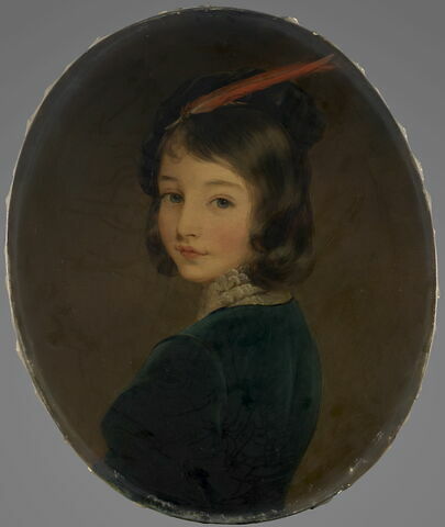 Portrait d'enfant, coiffé d'une toque à plume rouge