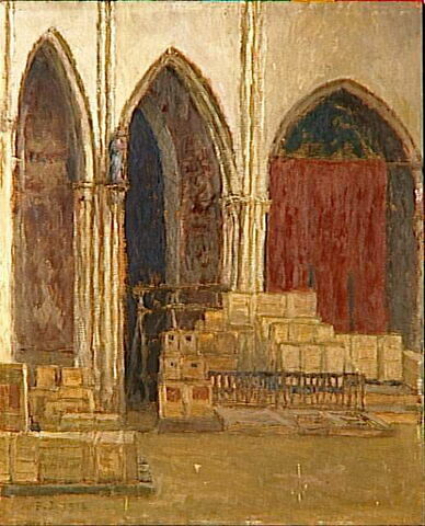 Vue intérieure de l'église des Jacobins à Toulouse en 1918, avec les caisses de tableaux évacués du Louvre, image 3/3