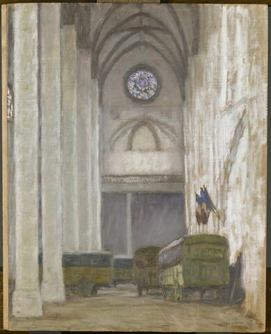 Vue intérieure de l'église des Jacobins de Toulouse en 1916, avec les voitures contenant les tableaux évacués du Louvre