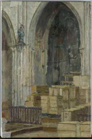Vue intérieure de l'église des Jacobins de Toulouse en 1918, avec les caisses de tableaux évacués du Louvre, image 1/3