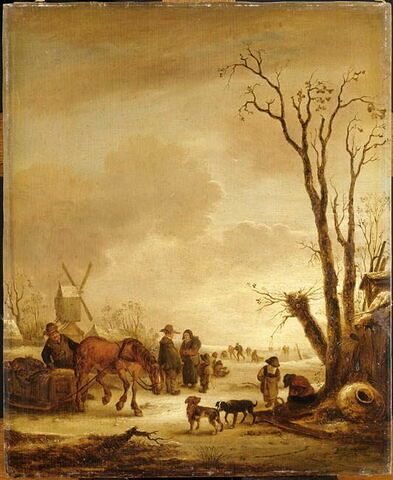 Paysage d'hiver avec moulin, patineurs et cheval attelé à un traîneau, image 2/3