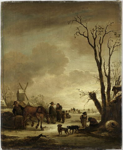 Paysage d'hiver avec moulin, patineurs et cheval attelé à un traîneau
