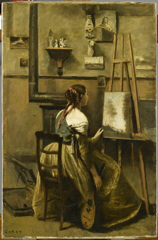 L'atelier de Corot. Jeune femme assise devant un chevalet.