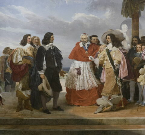 Plafond (compartiment central) : Poussin arrivant de Rome d'où il avait été rappelé par ordre de Louis XIII, est présenté par le cardinal de Richelieu au roi qui le nomme son premier peintre (en 1640)., image 8/8