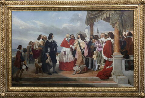 Plafond (compartiment central) : Poussin arrivant de Rome d'où il avait été rappelé par ordre de Louis XIII, est présenté par le cardinal de Richelieu au roi qui le nomme son premier peintre (en 1640)., image 2/8