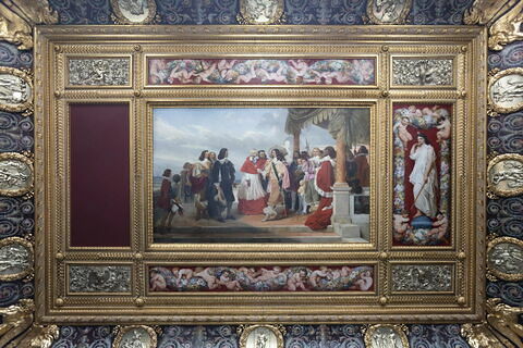 Plafond (compartiment central) : Poussin arrivant de Rome d'où il avait été rappelé par ordre de Louis XIII, est présenté par le cardinal de Richelieu au roi qui le nomme son premier peintre (en 1640)., image 7/8