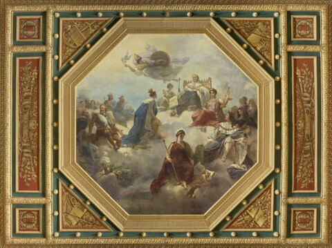 Plafond : La France, au milieu des rois législateurs et des juriconsultes français, reçoit de Louis XVIII la Charte constitutionnelle., image 2/6